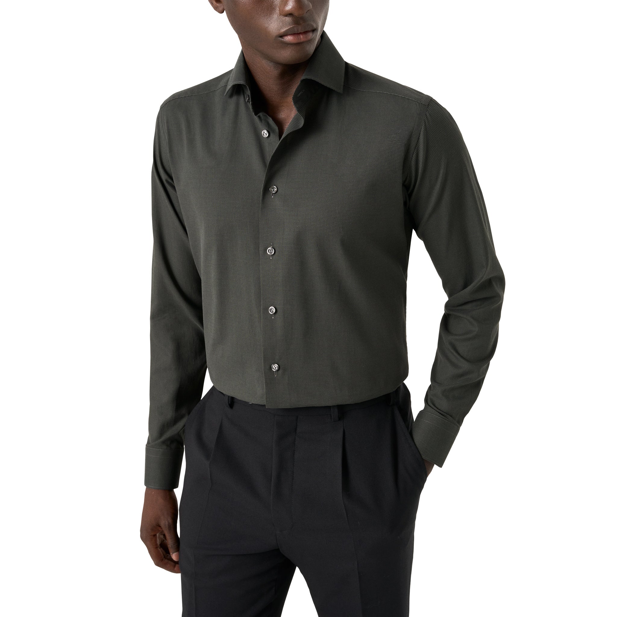 Dark Green Micro Check Signature Lightweight Flannel Slim Fit Shirt - ETON
