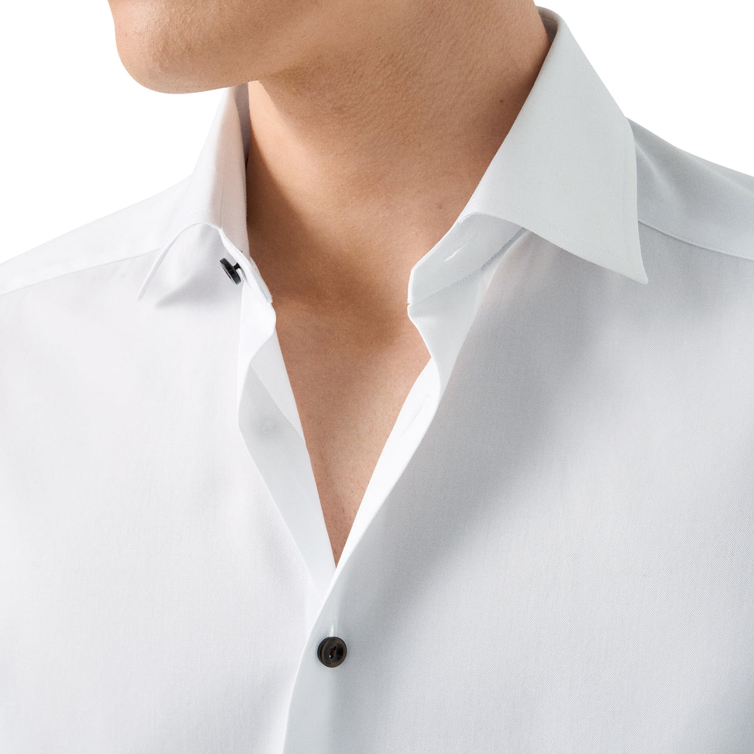 White Solid Signature Twill Slim Fit Shirt w/ Brown Buttons - ETON