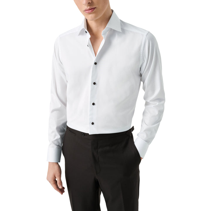 White Solid Signature Twill Slim Fit Shirt w/ Brown Buttons - ETON