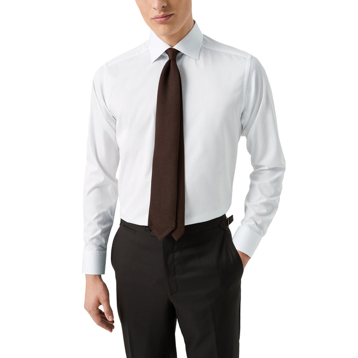 White Solid Signature Twill Slim Fit Shirt w/ Brown Buttons - ETON