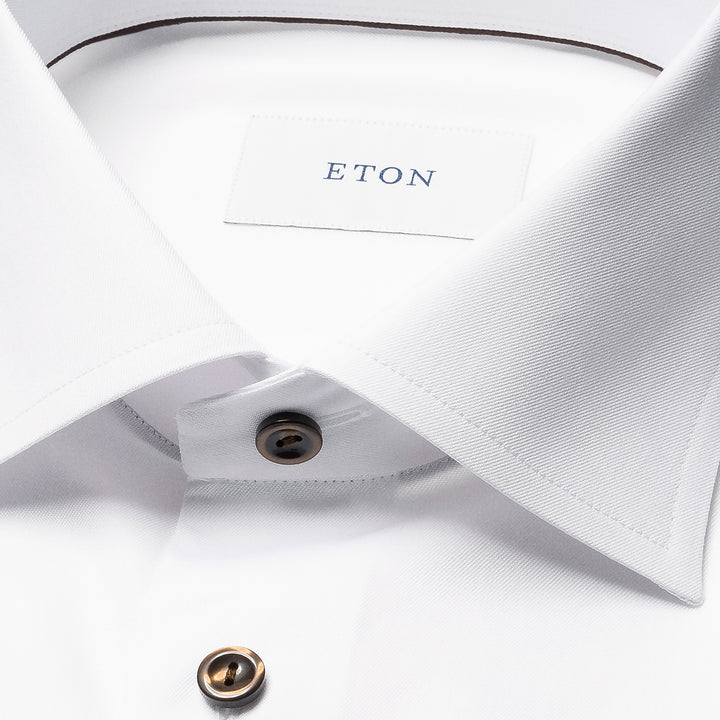 White Solid Signature Twill Slim Fit Shirt w/ Brown Buttons - ETON