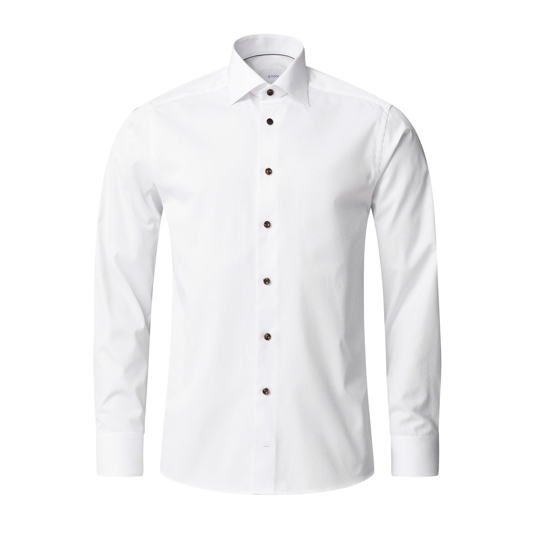 White Solid Signature Twill Slim Fit Shirt w/ Brown Buttons - ETON