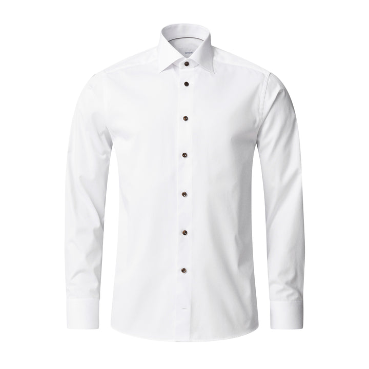 White Solid Signature Twill Slim Fit Shirt w/ Brown Buttons - ETON