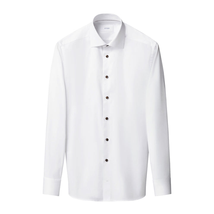 White Solid Signature Twill Slim Fit Shirt w/ Brown Buttons - ETON