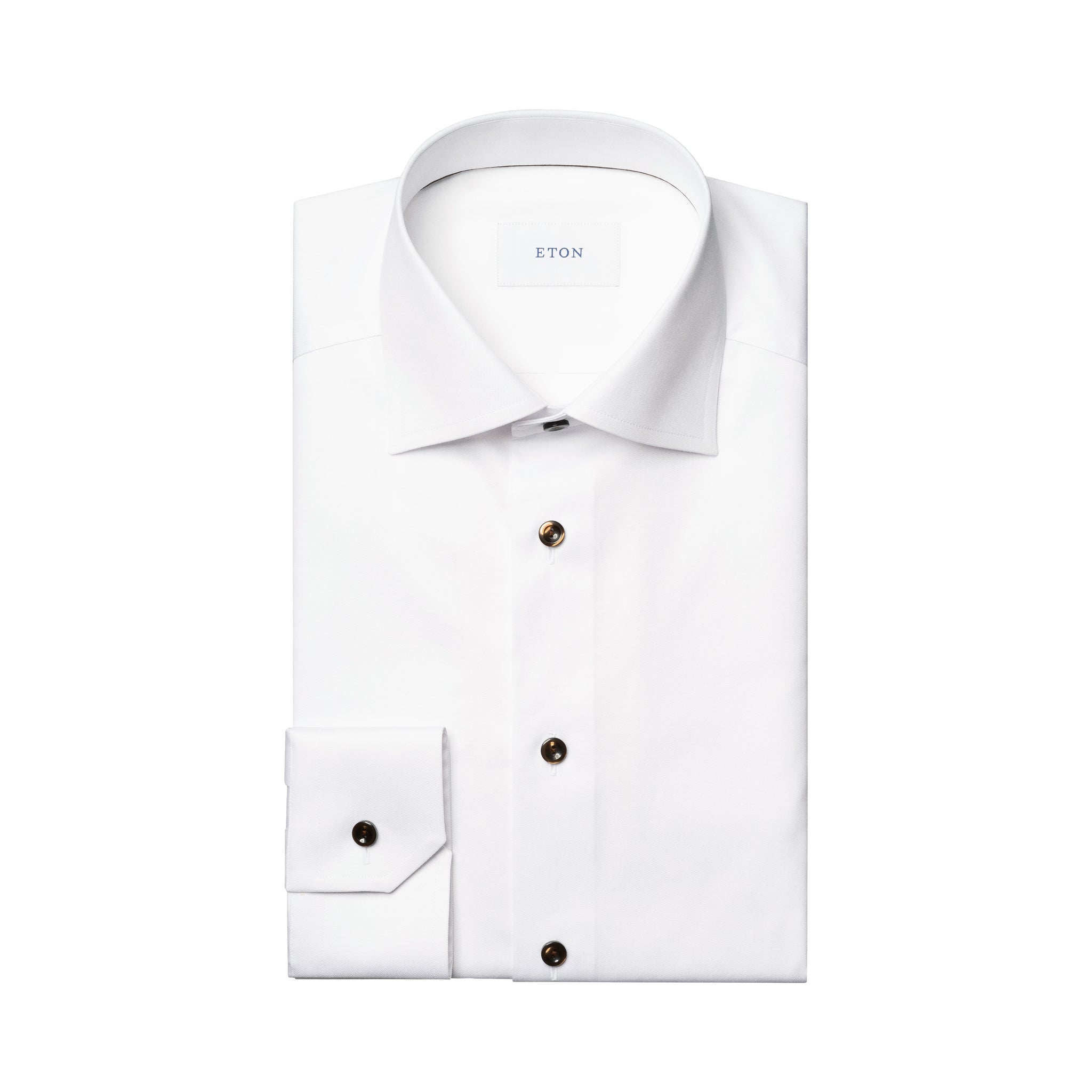 White Solid Signature Twill Slim Fit Shirt w/ Brown Buttons - ETON