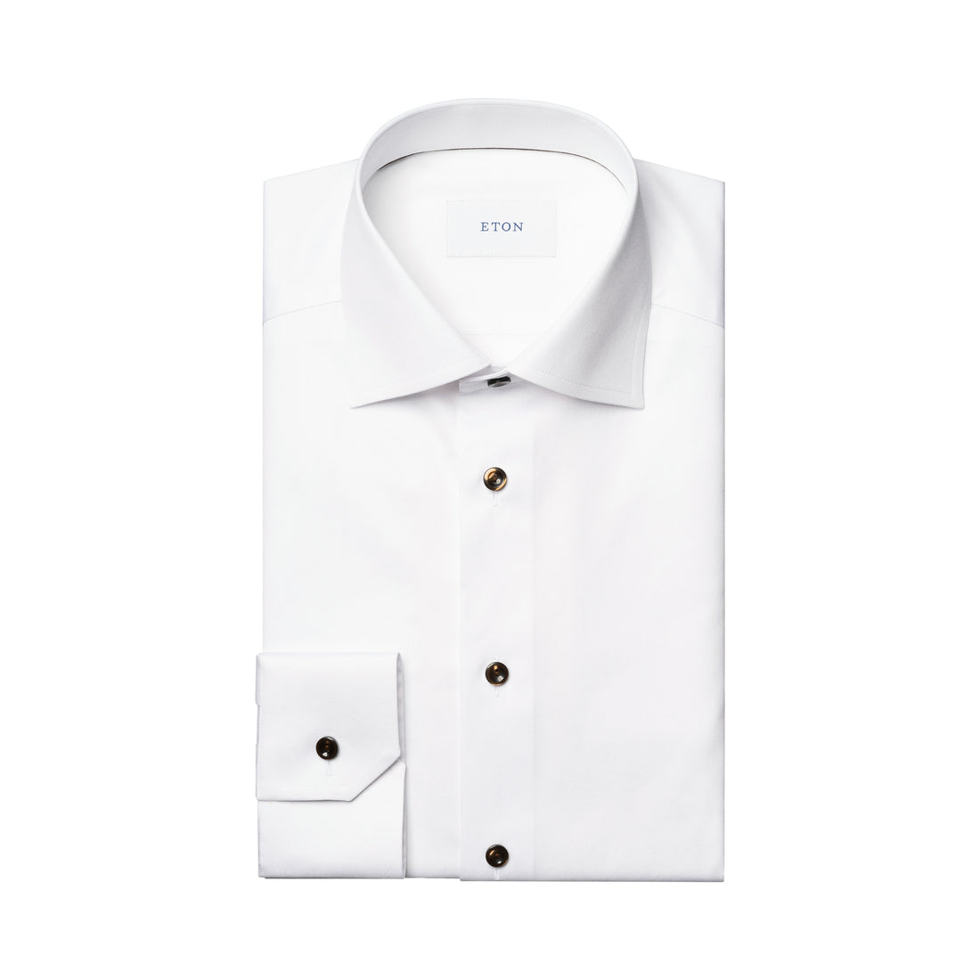 White Solid Signature Twill Slim Fit Shirt w/ Brown Buttons - ETON