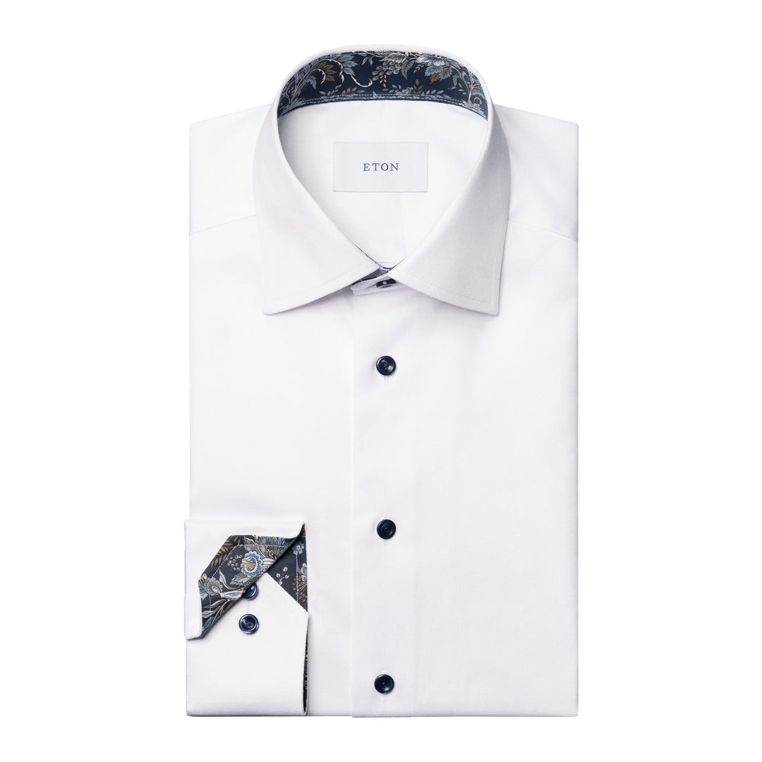White Floral Effect Contrast Signature Twill Slim Fit Shirt