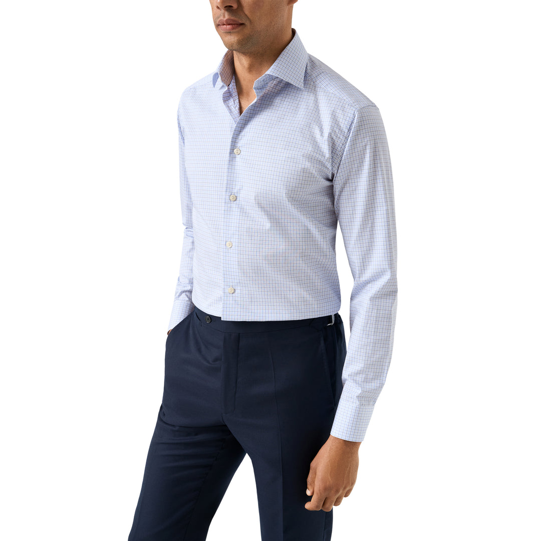 Light Blue Micro Check Cotton Twill Slim Fit Shirt - ETON