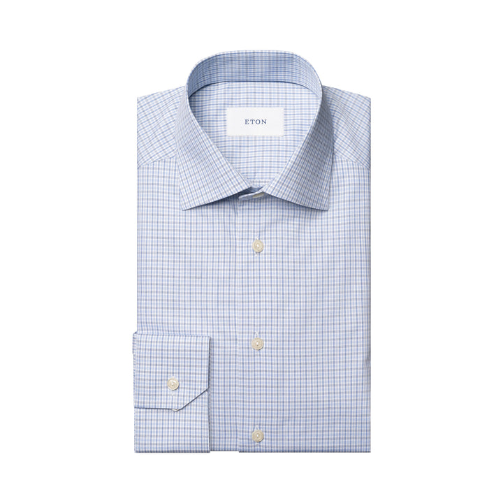 Light Blue Micro Check Cotton Twill Slim Fit Shirt - ETON