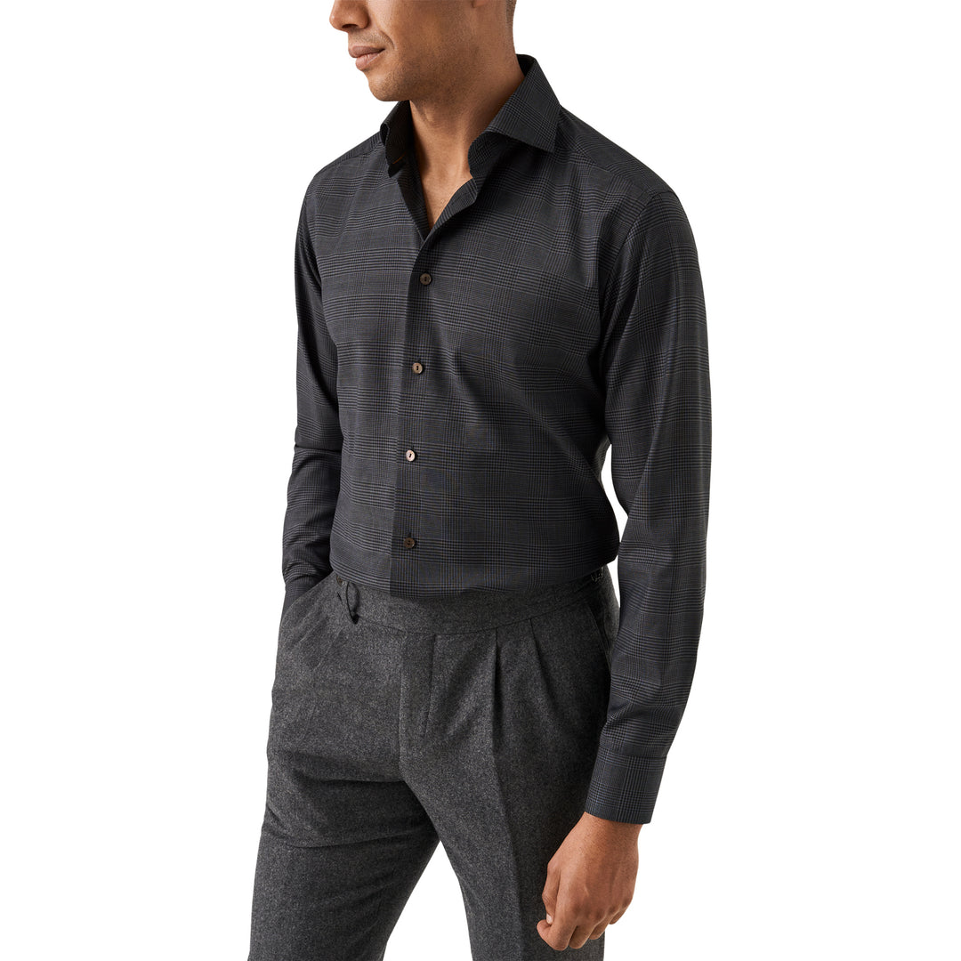 Dark Navy & Gray Check Merino Wool Contemporary Fit Shirt - ETON