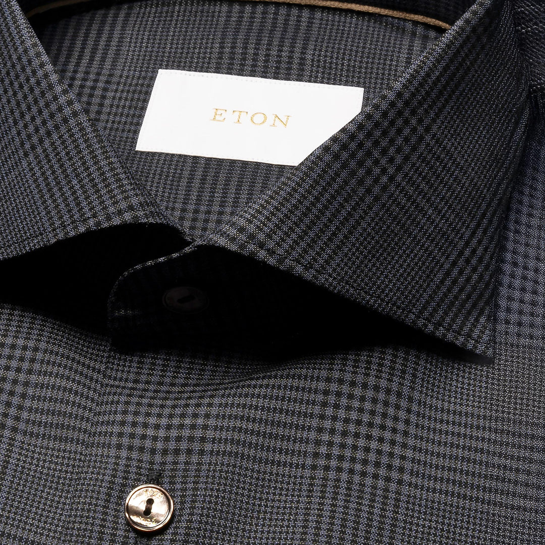Dark Navy & Gray Check Merino Wool Contemporary Fit Shirt - ETON