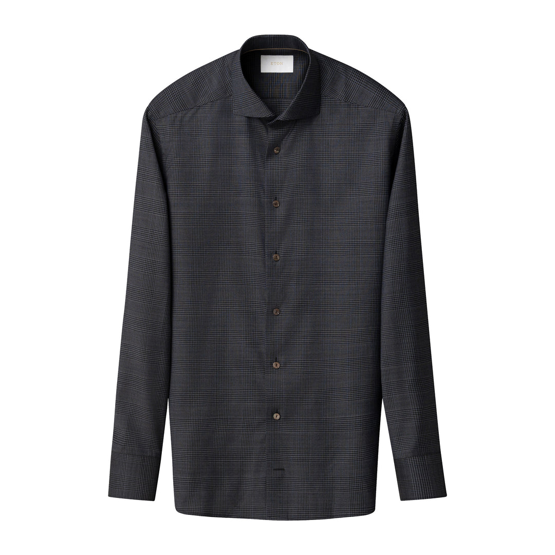 Dark Navy & Gray Check Merino Wool Contemporary Fit Shirt - ETON