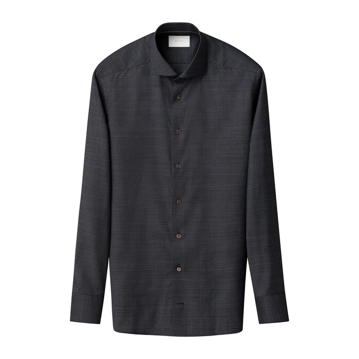 Dark Navy & Gray Check Merino Wool Contemporary Fit Shirt - ETON