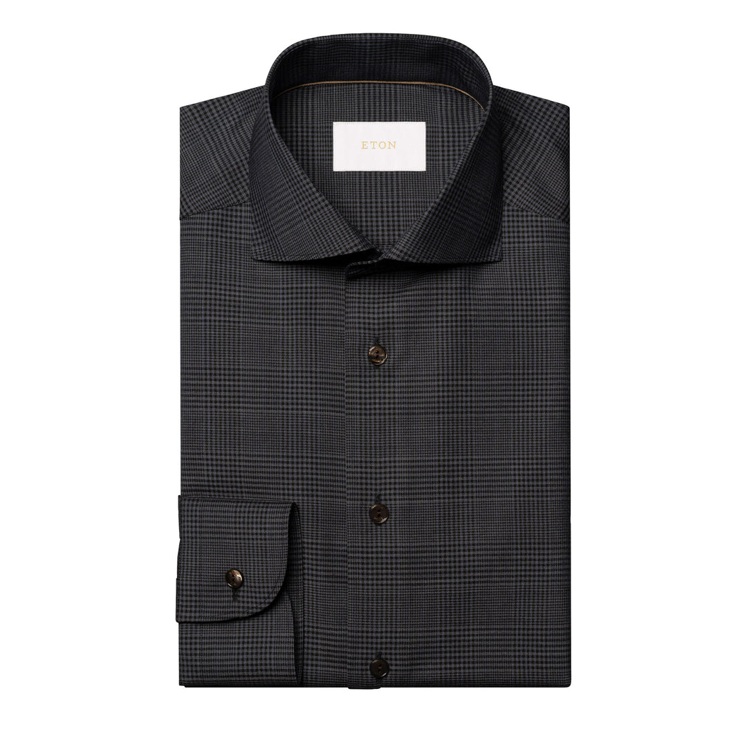 Dark Navy & Gray Check Merino Wool Contemporary Fit Shirt - ETON
