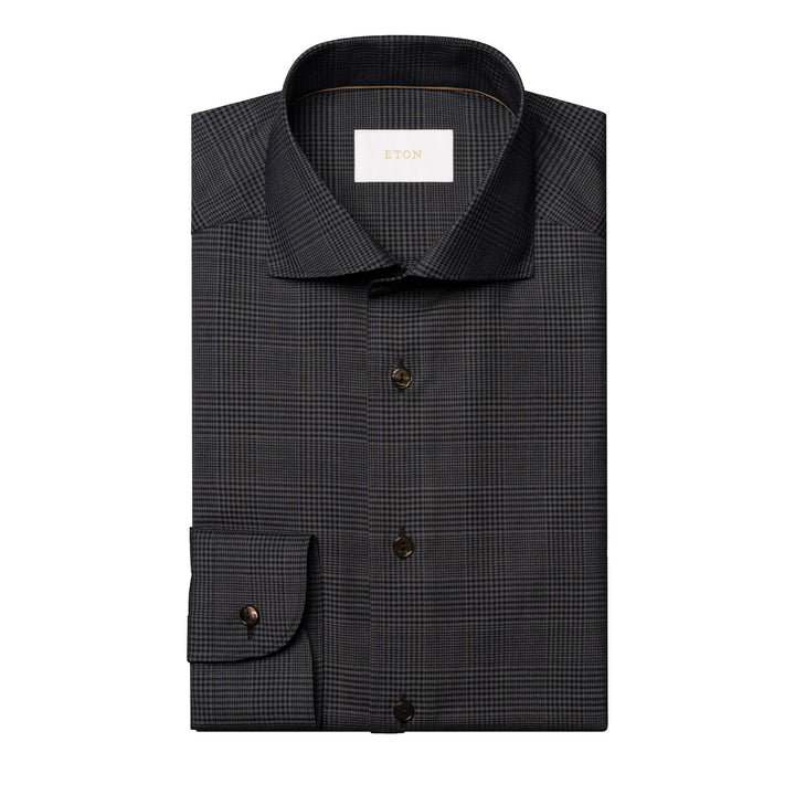 Dark Navy & Gray Check Merino Wool Contemporary Fit Shirt - ETON