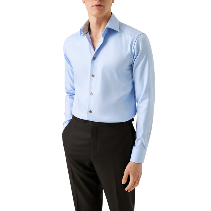 Light Blue Geometric Trim Textured Twill Slim Fit Shirt - ETON