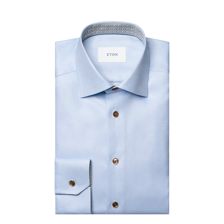 Light Blue Geometric Trim Textured Twill Slim Fit Shirt - ETON