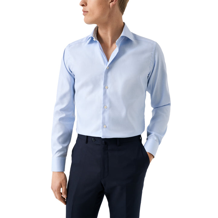 Light Blue Geometric Trim Textured Twill Contemporary Fit Shirt - ETON