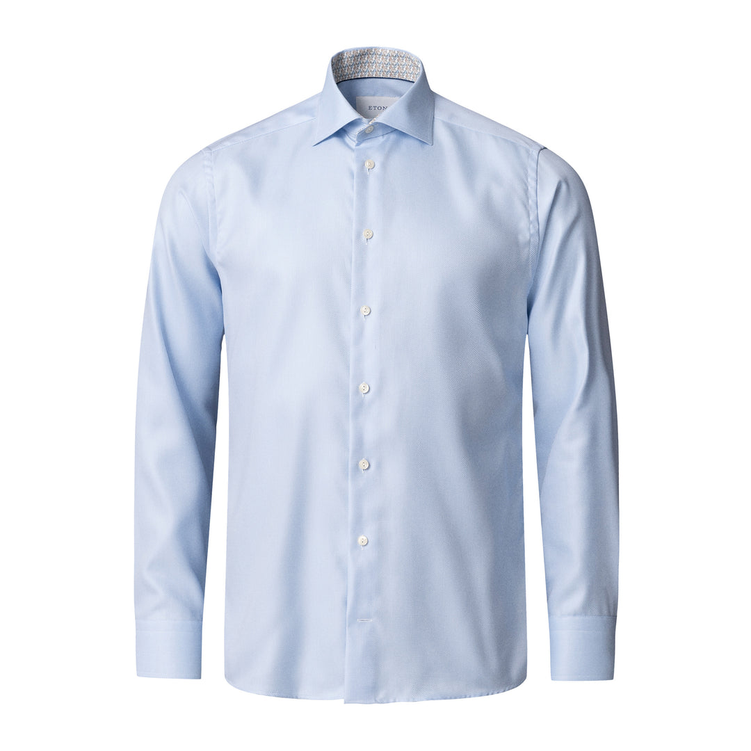 Light Blue Geometric Trim Textured Twill Contemporary Fit Shirt - ETON