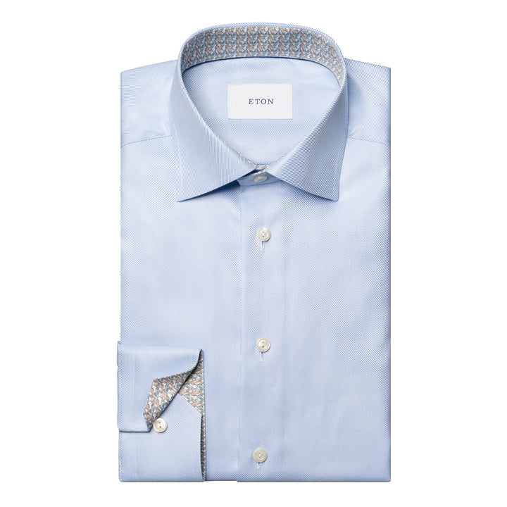 Light Blue Geometric Trim Textured Twill Contemporary Fit Shirt - ETON