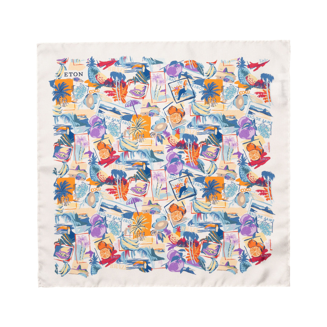 White Postcard Motif Silk Twill Pocket Square - ETON