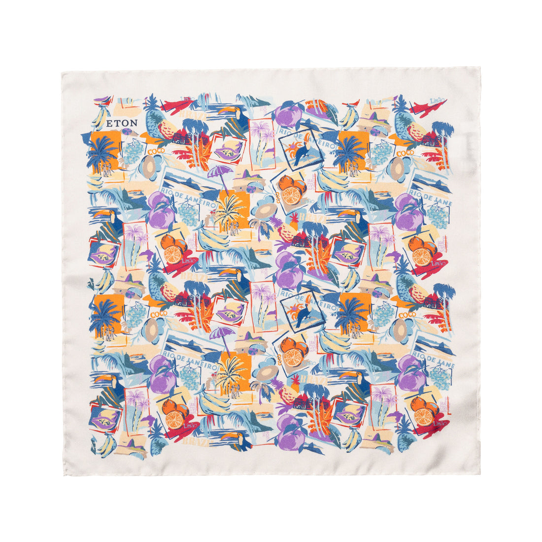White Postcard Motif Silk Twill Pocket Square - ETON - Boutique Jacques International