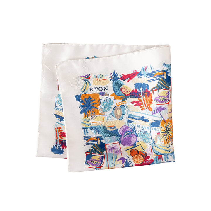 White Postcard Motif Silk Twill Pocket Square - ETON