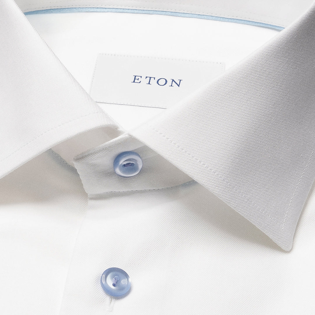 White Solid Cotton-Tencel Lyocell Slim Fit Shirt w/ Blue Buttons - ETON - Boutique Jacques International