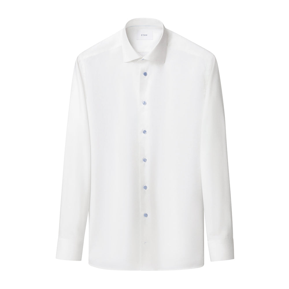 White Solid Cotton-Tencel Lyocell Slim Fit Shirt w/ Blue Buttons - ETON - Boutique Jacques International