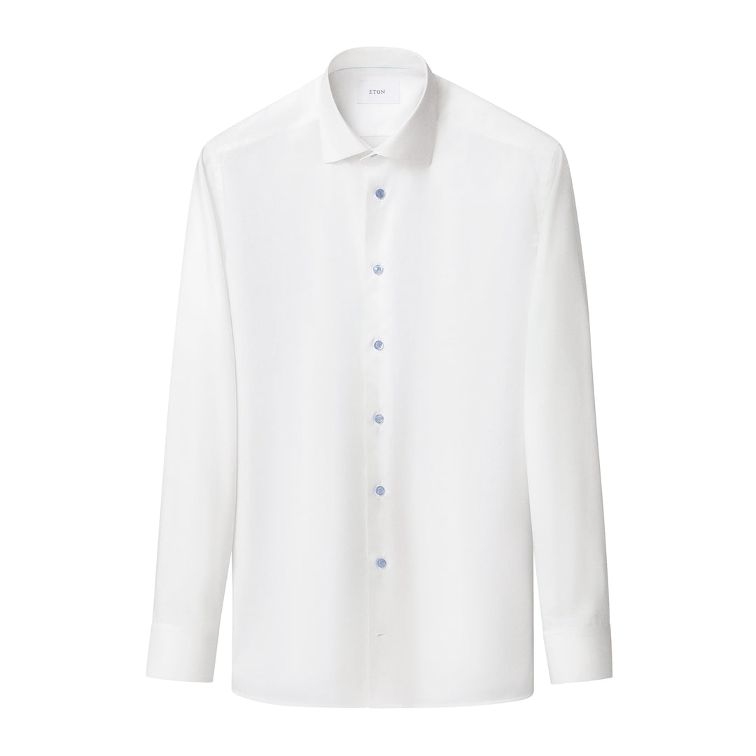 White Solid Cotton-Tencel Lyocell Slim Fit Shirt w/ Blue Buttons - ETON - Boutique Jacques International