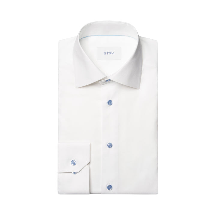 White Solid Cotton-Tencel Lyocell Slim Fit Shirt w/ Blue Buttons - ETON - Boutique Jacques International