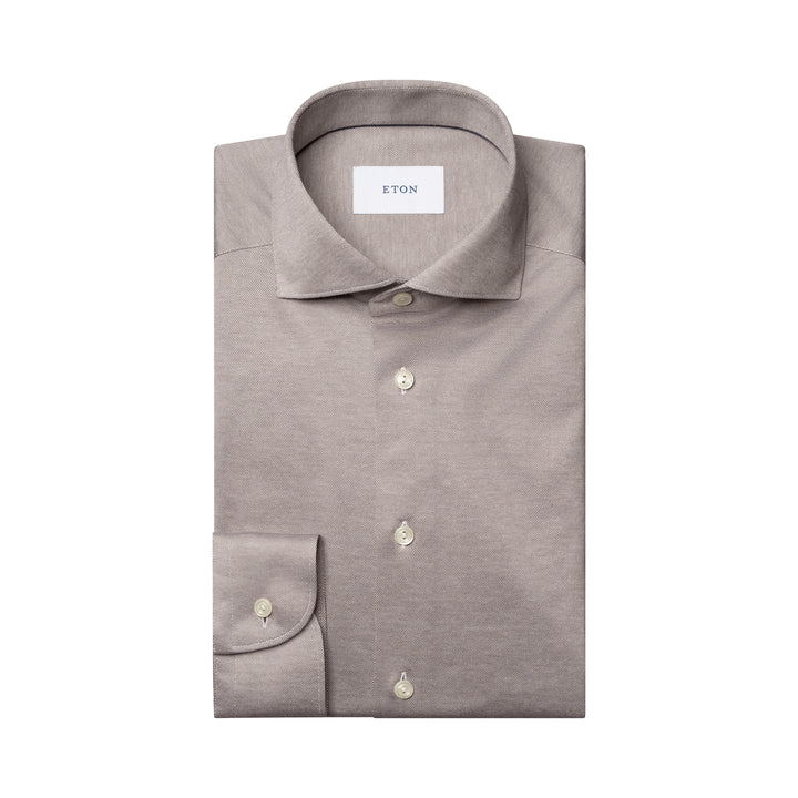 Taupe Filo Di Scozia Knitted Cotton Slim Fit Casual Shirt - ETON - Boutique Jacques International
