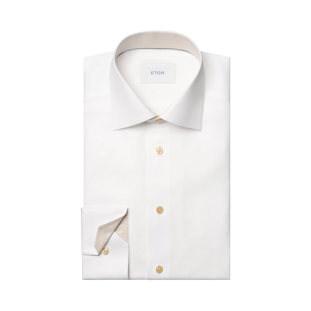 White Semi Solid Signature Twill Contemporary Fit Shirt w/ Beige Details - ETON - Boutique Jacques International
