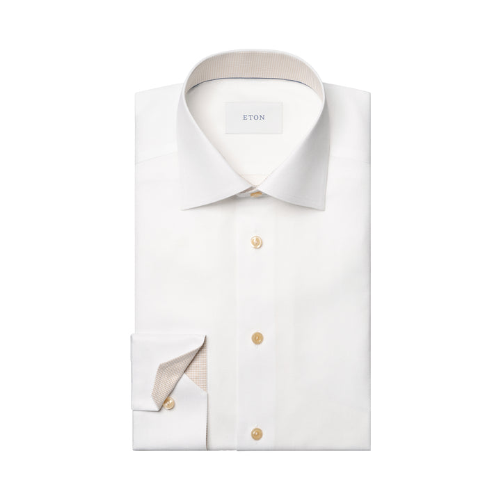 White Semi Solid Signature Twill Contemporary Fit Shirt w/ Beige Details - ETON - Boutique Jacques International