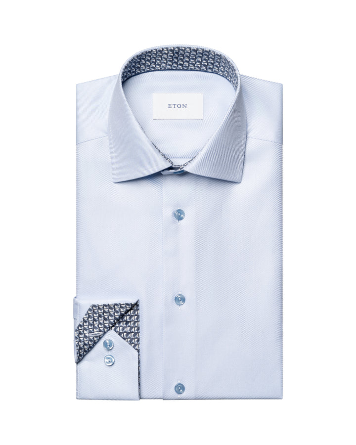 Light Blue Geometric Trim Textured Twill Contemporary Fit Shirt - ETON