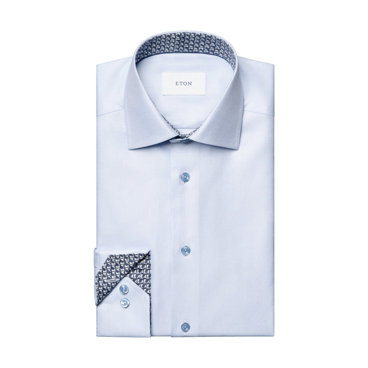Light Blue Geometric Trim Textured Twill Contemporary Fit Shirt - ETON