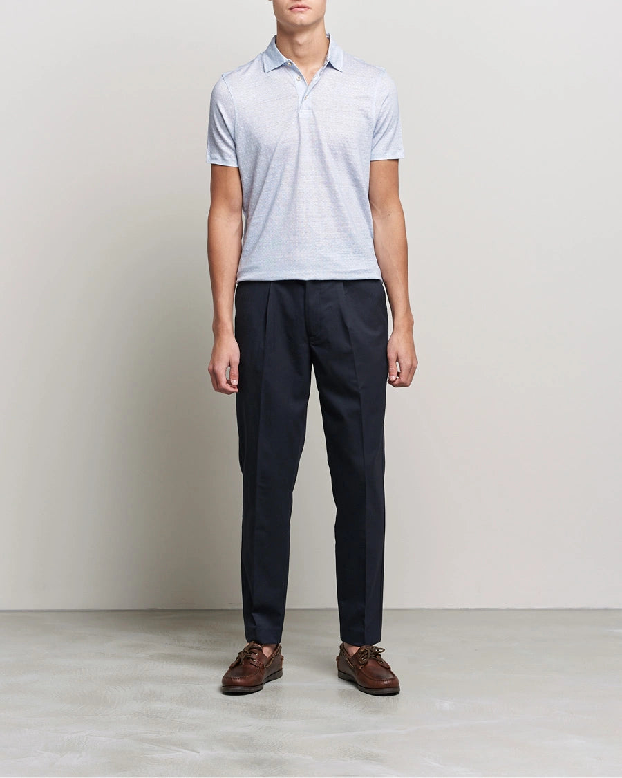Light Blue Tonal Flower Linen Polo Shirt - Stenströms - Boutique Jacques International
