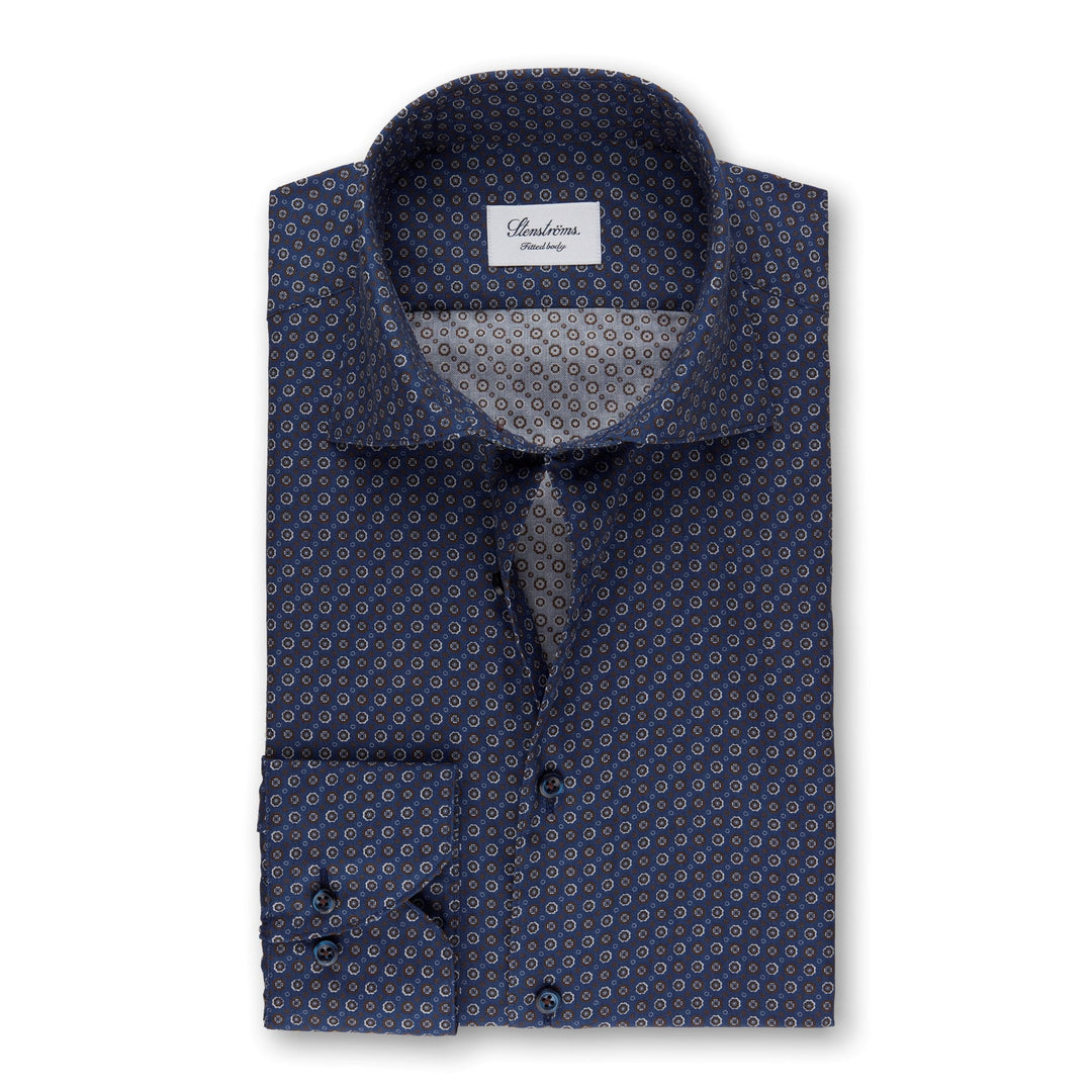Navy/Brown Geometric Patterned Fitted Body Shirt - Stenströms - Boutique Jacques International