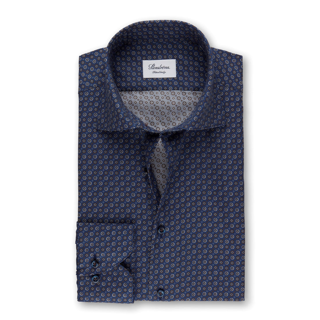 Navy/Brown Geometric Patterned Fitted Body Shirt - Stenströms - Boutique Jacques International