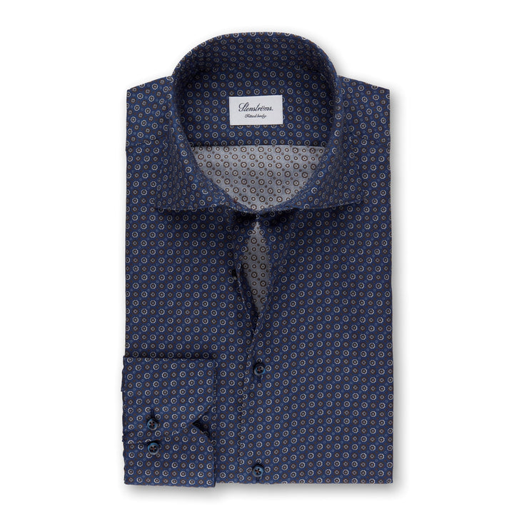 Navy/Brown Geometric Patterned Fitted Body Shirt - Stenströms - Boutique Jacques International