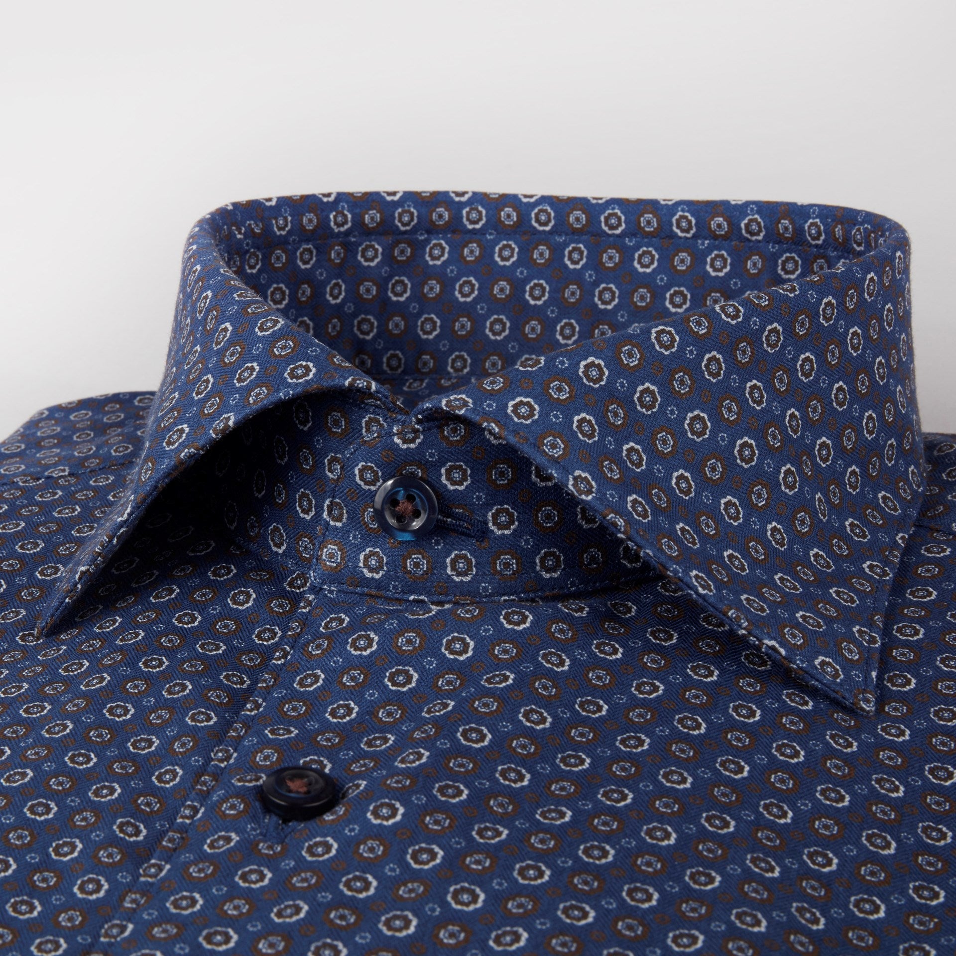 Navy/Brown Geometric Patterned Fitted Body Shirt - Stenströms - Boutique Jacques International
