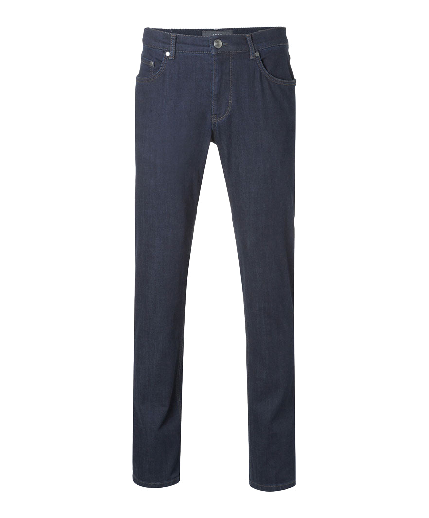 Dark blue dark-wash stretch denim five-pocket jeans by Brax, regular fit