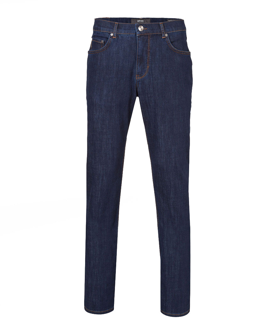 Blue-black dark-wash stretch denim five-pocket jeans by Brax, regular fit