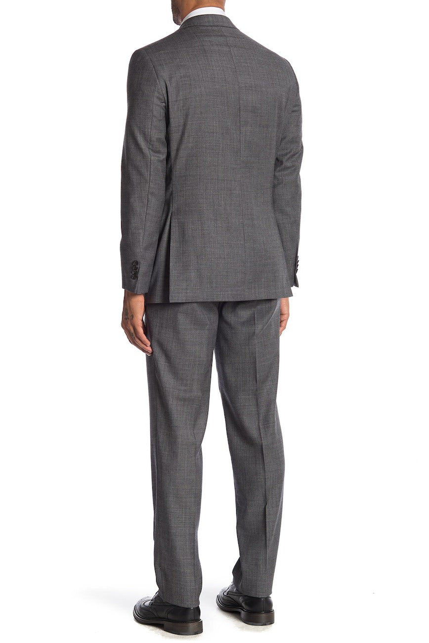 Charcoal sharkskin wool suit by Jack Victor, contemporary fit two-button notch lapel