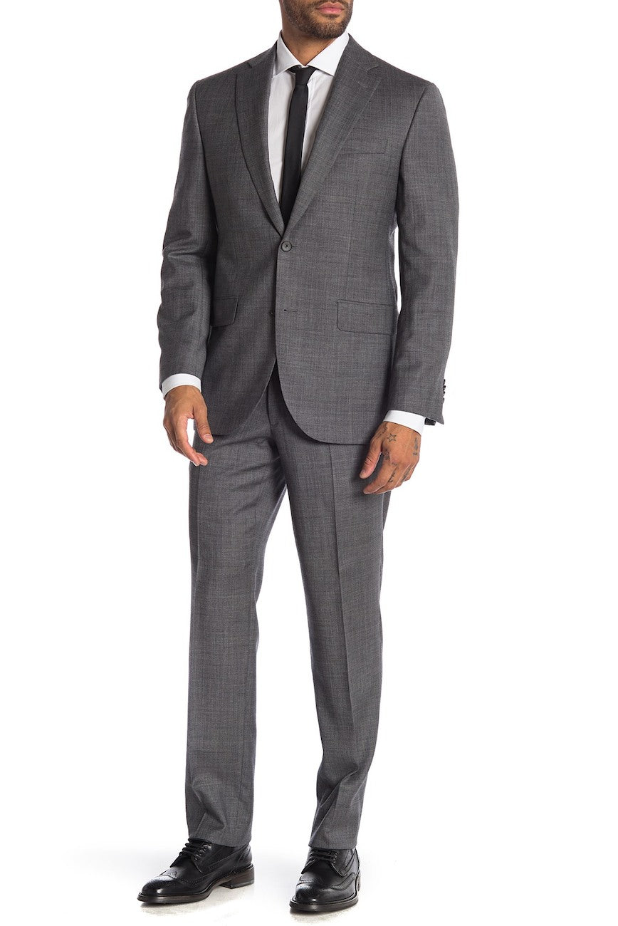 Charcoal sharkskin wool suit by Jack Victor, contemporary fit two-button notch lapel