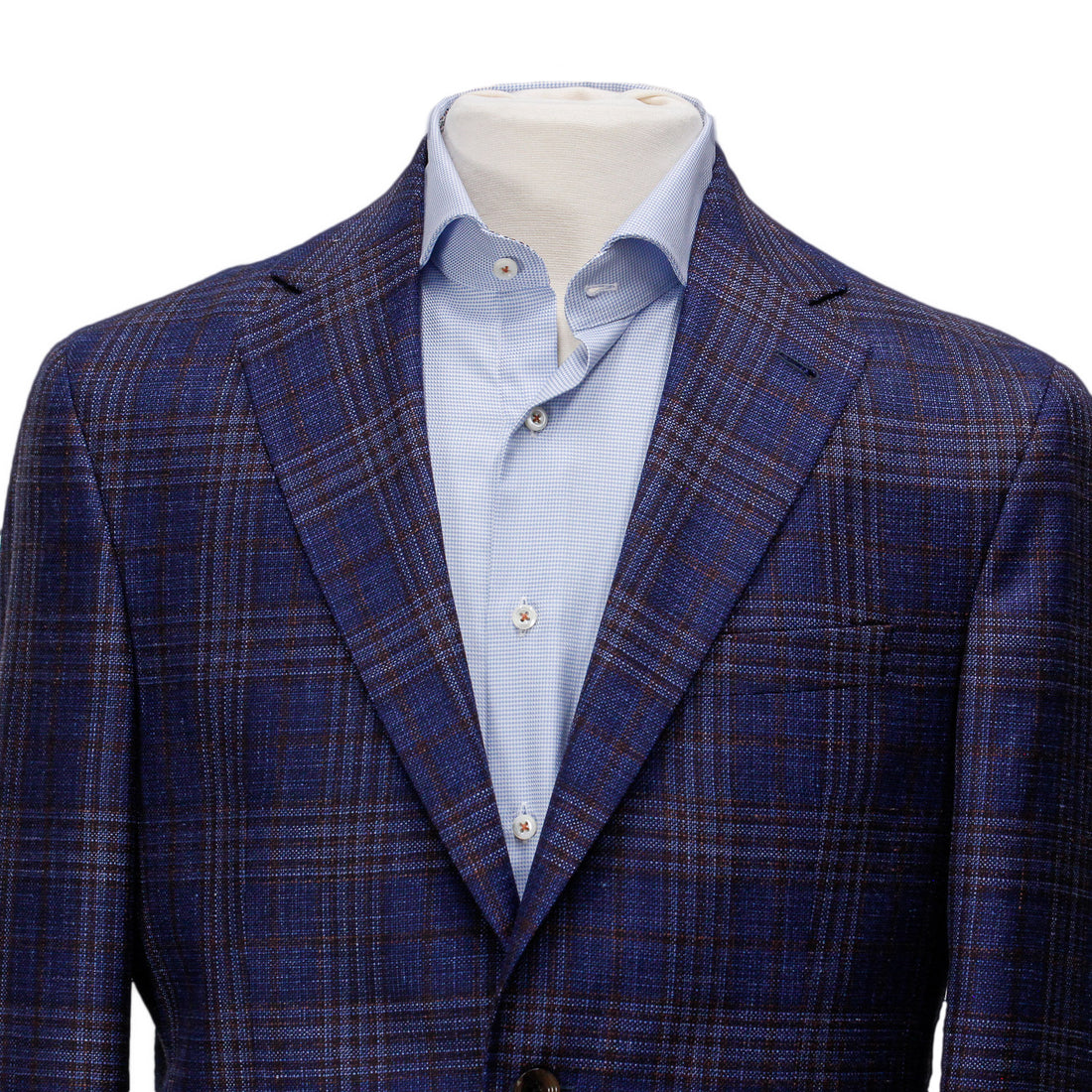 Mid-Blue with Burgundy Check Midland Contemporary Fit Sport Coat Loro Piana - Jack Victor - Boutique Jacques International
