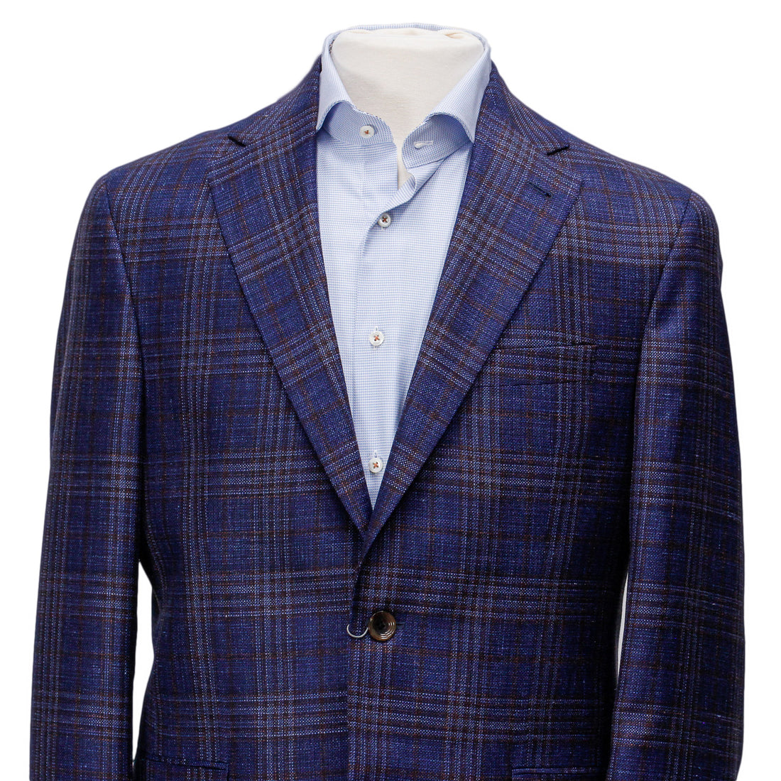Mid-Blue with Burgundy Check Midland Contemporary Fit Sport Coat Loro Piana - Jack Victor - Boutique Jacques International
