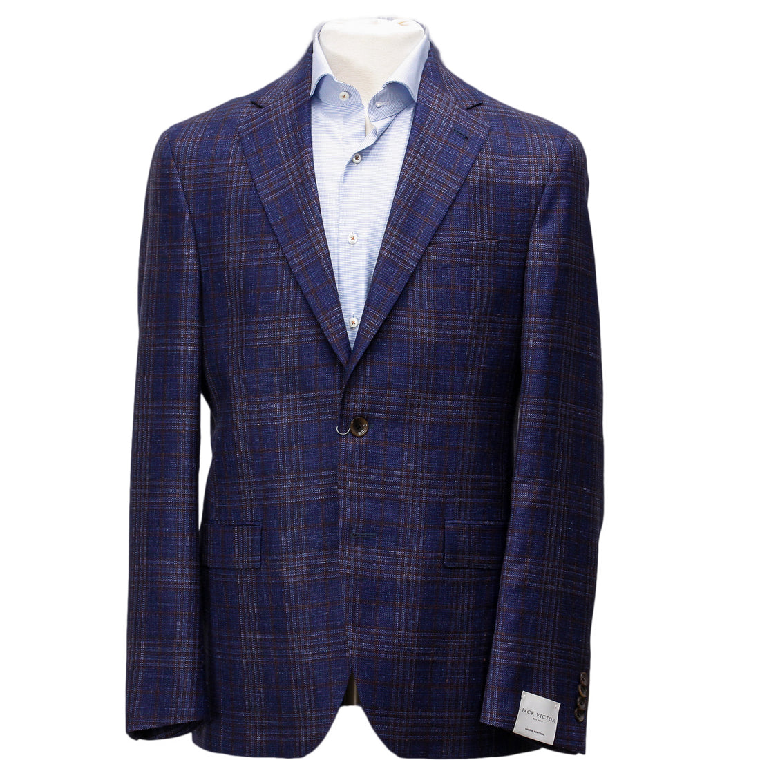 Mid-Blue with Burgundy Check Midland Contemporary Fit Sport Coat Loro Piana - Jack Victor - Boutique Jacques International