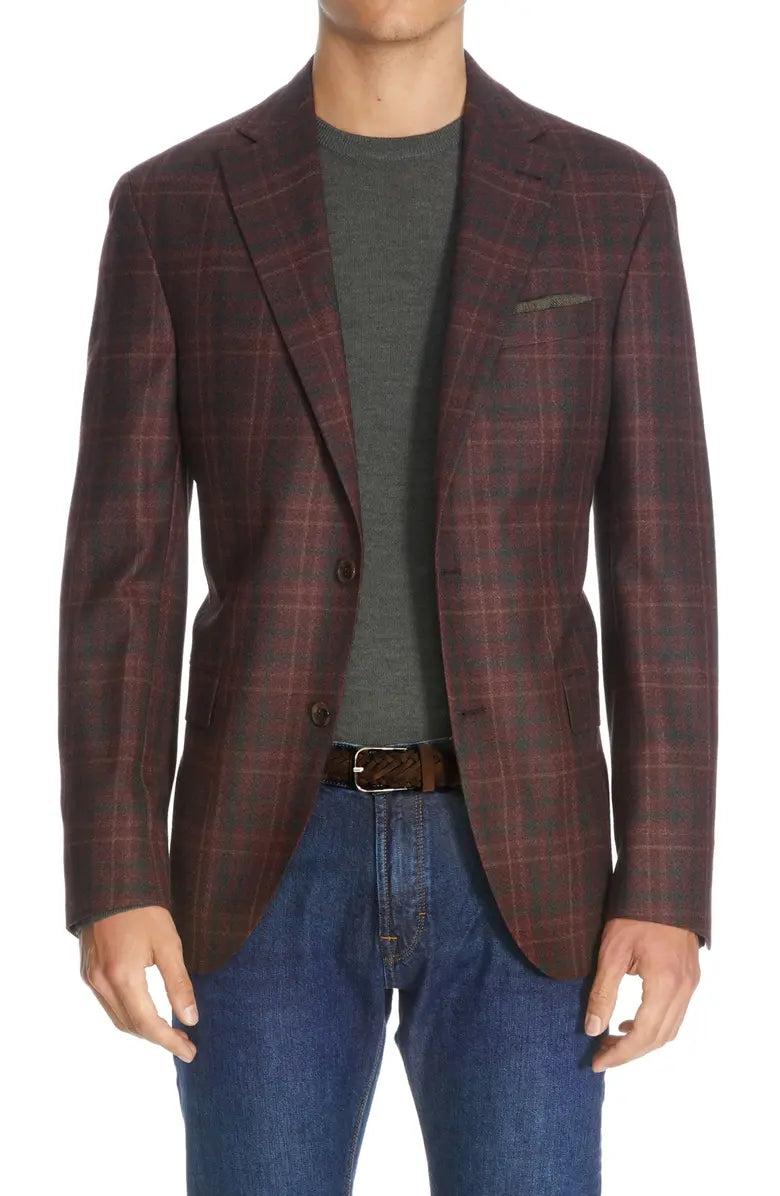 Burgundy Plaid Midland Contemporary Fit Unconstructed Sport Jacket - Jack Victor - Boutique Jacques International
